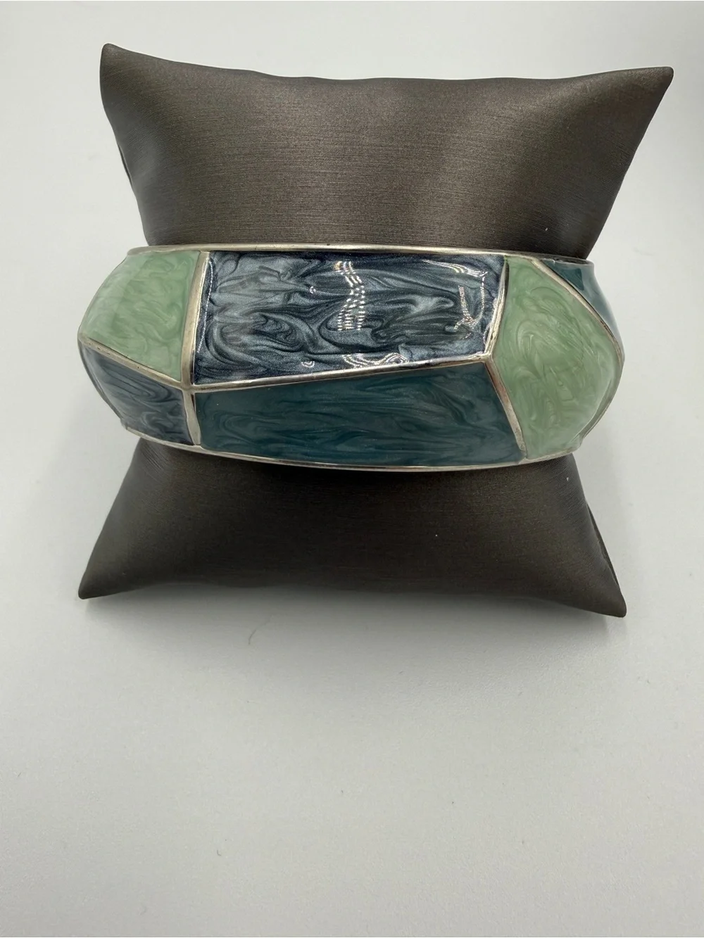 Wide Blue Green Marbled Enamel Silver-Tone Segmented Statement Bracelet